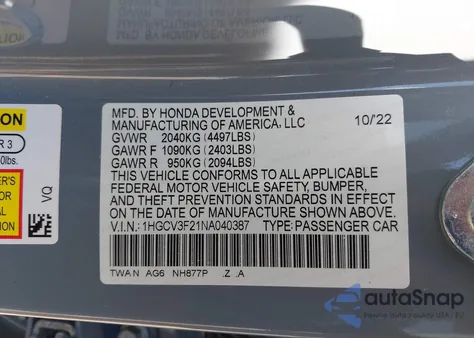 2022 Honda Accord Hybrid Sport z USA, uszkodzony, nr VIN 1HGCV3F21NA040387